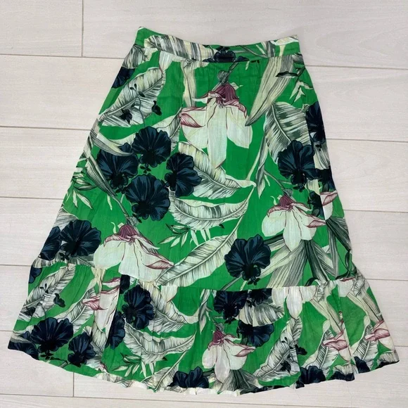 Ann Taylor Green Palm Leaf Tiered Floral Maxi Skirt Size 14 Lined - Picture 4 of 6